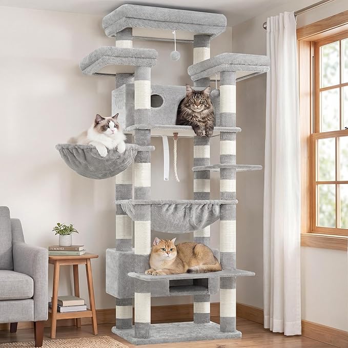 Gitelsnour Cat Tree for Indoor Cats Large Adult, 74" Cat Tower with 3 Big Platforms, 2 Baskets, 2 Condos, Multi-Level Cat Scratching Posts, Light Gray GCT030W