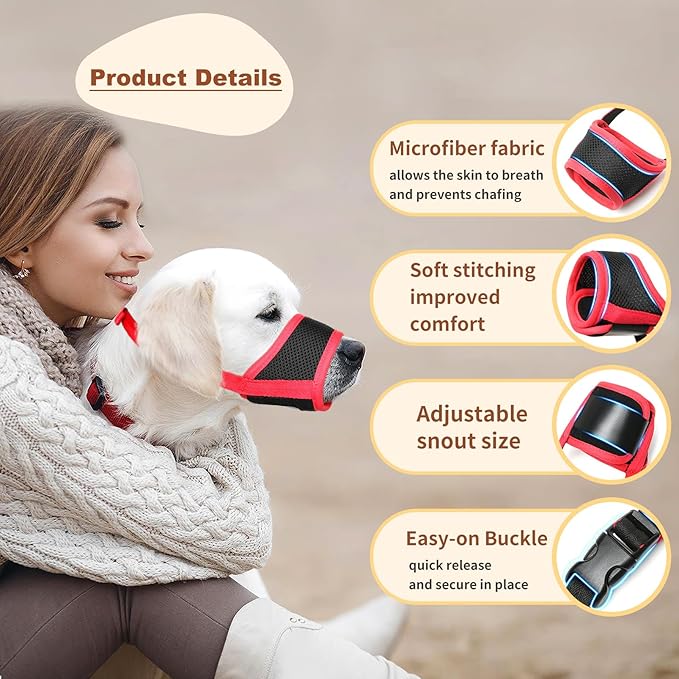 HEELE Dog Muzzle,Soft Nylon Muzzle Anti Biting Barking Chewing,Air Mesh Breathable Drinkable Adjustable Loop Pets Muzzle for Small Medium Large Dogs 4 Colors 4 Sizes (Red, S)