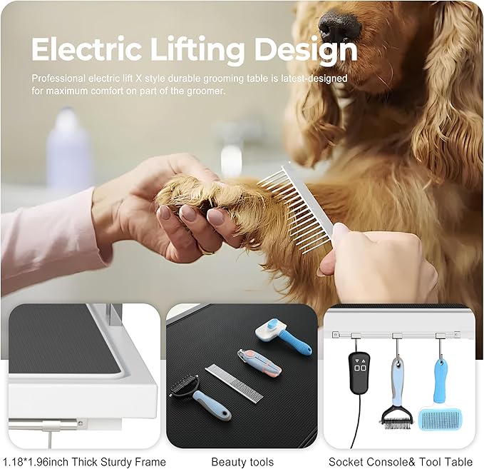 SoarFlash 49.6” Electric Lift Pet Dog Grooming Table,Heavy Duty Electric Grooming Table for Dogs&Cats,Heavy Duty Height Adjustable with Overhead Arm, Clamps, Two Grooming Noose