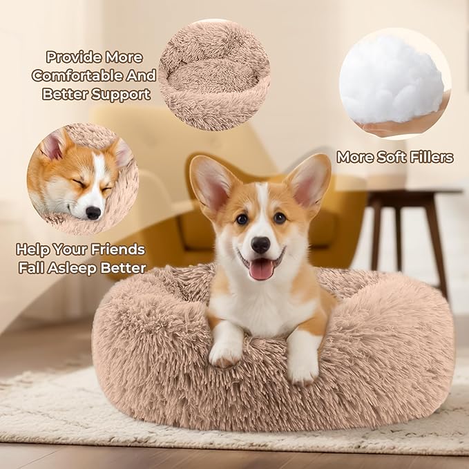Calming Large Donut Dog and Cat Bed, Anti-Anxiety Round Soft Fluffy Plush Faux Fur Washable Anti-Slip Pet Bed for Medium Dogs Up to 35 lbs 28in (Camel)