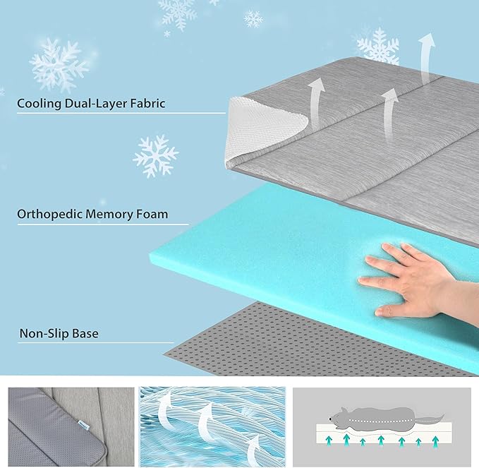 Dog Cooling Mat for Large Dogs - 47x29 Orthopedic Memory Foam Pet Pad for Summer, QMAX>0.5, Washable Premium Comfort Crate Pad for Your Furry Companion, Grey