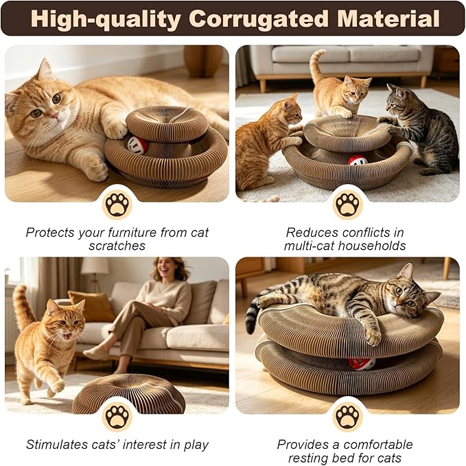 2-Pack Cat Pad Scratcher Toys, Magic Organ Cat Toy & Kitty Curls Cat Toy, Interactive Cardboard Cat Scratching Board with Bell Balls, Corrugated Scratcher for Indoor Cats, Furniture Protection