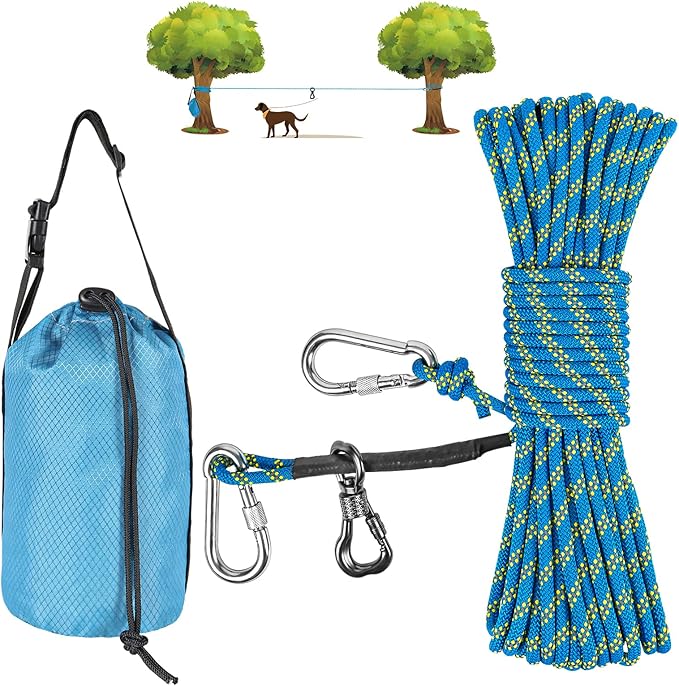 XiaZ Dog Tie Out Cable for Camping, 100ft Portable Overhead Trolley System for Dogs up to 200lbs，Dog Lead for Yard, Camping, Parks, Outdoor Events,5 min Set-up Blue