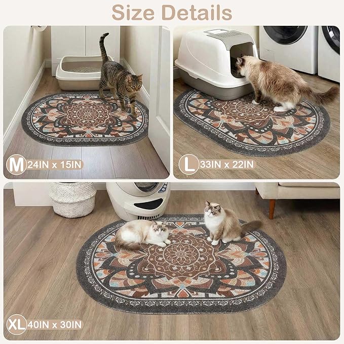Bienbee Cat Litter Mat, 33" x 22" Large Size Litter Box Mat Rug with Non-Slip Bottom,Urine and Water Proof, Easy to Clean Cat Supplies Essentials for Indoor Kitty Kitten Floor,Deep Brown Flowers L