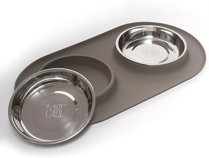 Messy Cats Double Silicone Feeder with Stainless Saucer Shaped Bowl | Anti-Slip Non-Skid Cat Food Bowls | Two Cat Bowls in Feeding/Water Station | 1.75 Cups per Bowl (Grey)