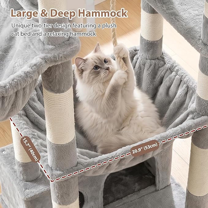 Gitelsnour Cat Tree for Indoor Cats Large Adult, 74" Cat Tower with 3 Big Platforms, 2 Baskets, 2 Condos, Multi-Level Cat Scratching Posts, Light Gray GCT030W