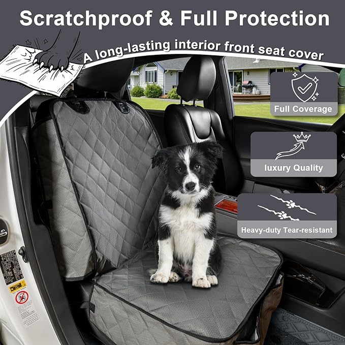 Dog Car Seat Cover Front Seat - Waterproof and Non-Slip, Heavy-Duty Pet Seat Protector with Side Flaps, Full Protection for Front Bucket Chairs on Cars SUVs Trucks (Grey, Standard Front)