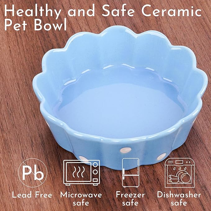 Ceramic Cat Bowl, Scalloped Edge with White Polka Dots – Pet Feeding Dish with Anti-Slip Base for Cats and Small Dogs, Blue