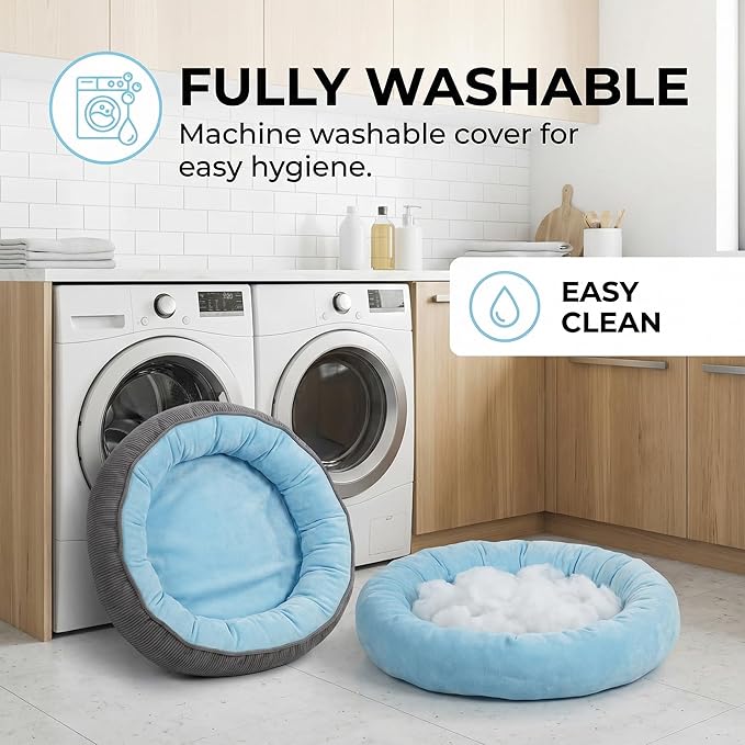 Calming Dog Bed for Small Dogs 16"x20" - Washable Donut Pet Bed with Anti-Slip Bottom, Soft Puppy Bed for Indoor Kittens and Cats with Removable Cover (Sky Blue)