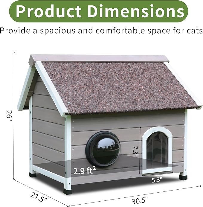 Rockever Outdoor Cat House, Waterproof Feral Cat House for Outdoor Cats with Escape Door and Clear Windows for 2 Cats (Grey)