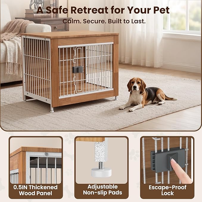Wooden Dog Crate Furniture, 27in Dog Cage Furniture with Slide Safety Latch, Indoor Decorative End Table for High Anxiety Dogs, Furniture Style Dog Crate for Small to Medium Dogs, Oak