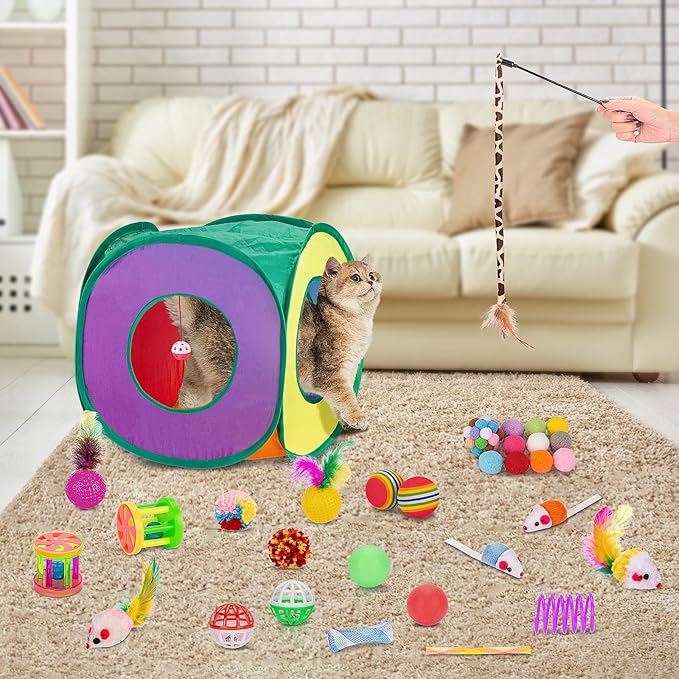 Retro Shaw Cat Toys for Indoor Cats, 33 Pack, Interactive Kitten Toys with Collapsible Kitty Tunnel Tent Feather Wand Springs Balls Bells Mouse Kitty Toys 15.7 Inches for All Breeds