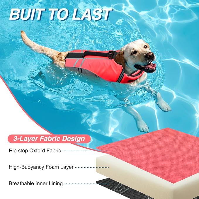 VIVAGLORY Sports Style Dog Life Vest, Dog Life Jacket for Swimming & Boating, Ripstop & Buoyancy for Puppy Doggy, Lifejacket with Handle, M, Bright Pink