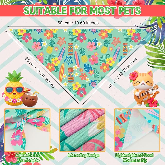 Weewooday 50 Pcs Summer Bandanas Bulk for Dogs Kerchief Bibs Scarves with Beach, Fruit, Hawaii Ice Cream Luau Aloha Pool for Small Medium Large Grooming Accessories(19.7 x 13.8 x 13.8 Inch)
