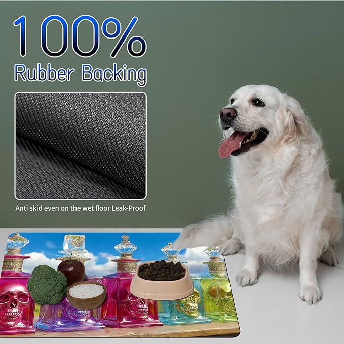 Dog Food Mat, 15.7" x 23.6" Absorbent Pet Feeding Mat for Food and Water, Waterproof Diatom Mud Pet Placemat with Non-Slip Rubber Backing, Cat Bowl Mat for Floors - Pink Green Bottle