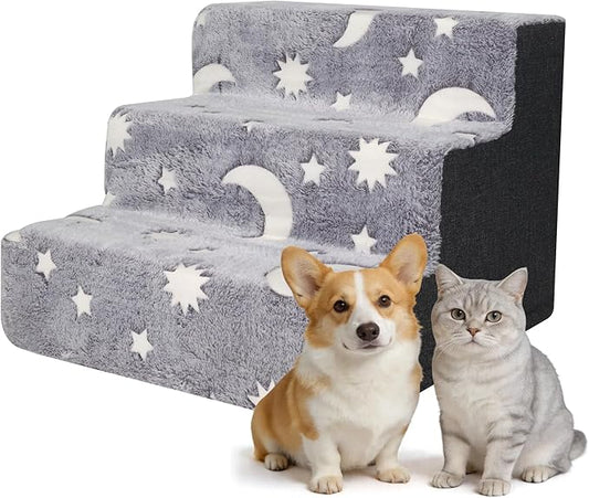 Pawise 3 Step Dog Stairs, Glow in The Dark Pet Steps, Non-Slip Dog Ramp with Zipper, Star Moon Pattern Plush Pet Stairs for Couch Sofa Bed, Indoor Portable Steps for Medium Large Dogs and Puppy