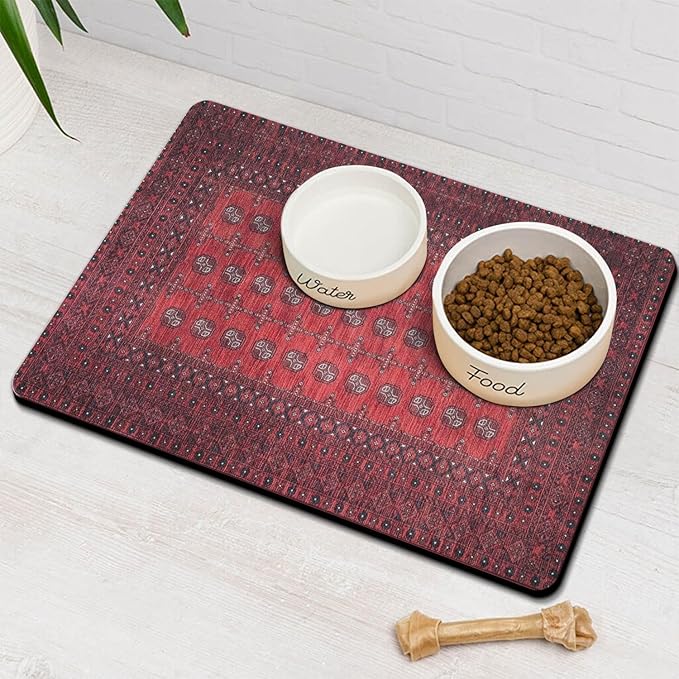 Vintage Tribal Dog Food & Water Mat, Boho Pet Feeding Mat for Floor Non-Slip Waterproof, Super Absorbent Cat Bowl Mat, Easy to Clean Durable Pet Placemat,16" × 24"