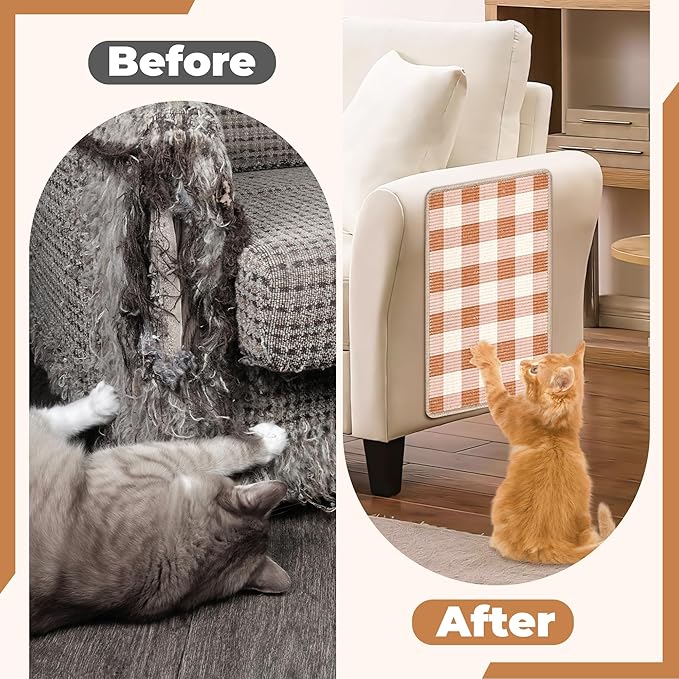 Cat Scratcher Mat, Natural Sisal Cat Scratch Pad, 23.6x15.7 Inch Horizontal Cat Floor Scratching Pads Rug with Hook & Loop to Protect Couch & Carpets & Sofas（Coffee White）