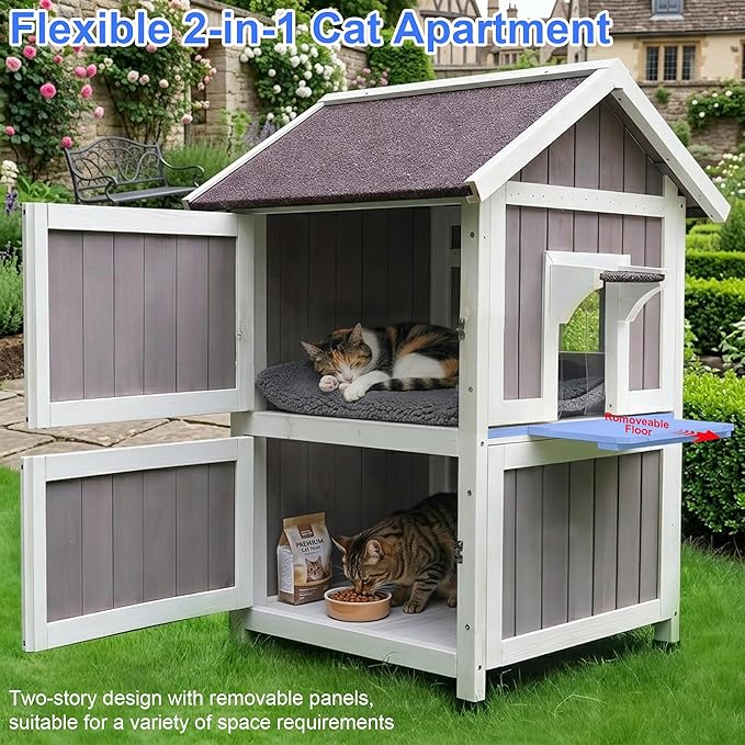 Rockever Outdoor Cat House, Large Outdoor Houses for Feral Cats with Self-Warming Mat Wooden Outside Cat Shelter Weatherproof with Escape Door