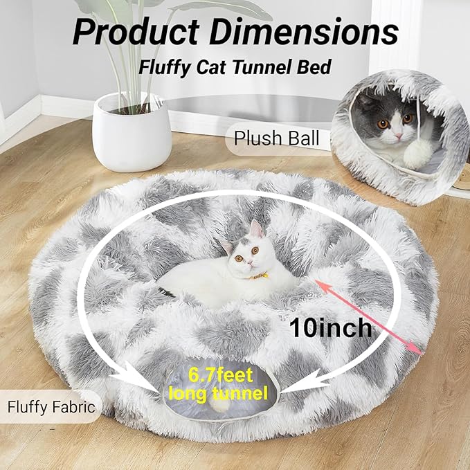 Warm Fluffy Plush Cat Tunnel Bed with Washable Cushion- Big Tube Playground Toys 3 FT Diameter Collapsible, for Indoor Cat Kitty Kitten Puppy Rabbit Ferret Gray-White Diamond Pattern