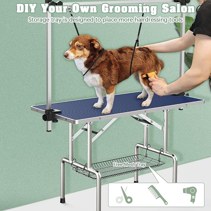 Lyromix 46" Foldable Dog Grooming Table For Large Dog, Adjustable Pet Grooming Table, Maximum Capacity Up to 300LB, Blue