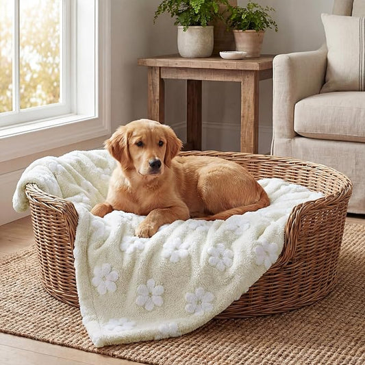 Horaldaily Pets Flannel Blanket, Beige Flowers 3D Textured Soft Fuzzy Fluffy Plush Cozy Fleece Premium Blankets for Dog Cat Puppy Kitten Couch Protection, 30x40