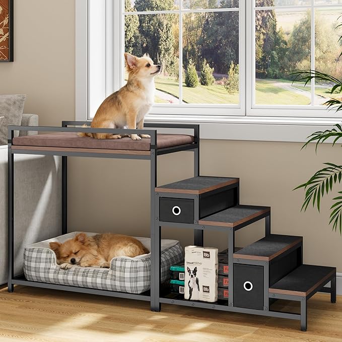 kepptory Pet Bunk Bed with Stairs and Storage, Pet Window Perch with Seat Cushion, Bedside Dogs Cot for Small, Medium Cats & Dogs, Pet Stairs Ramp(Brown)