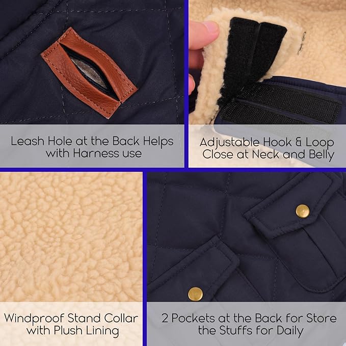 ASENKU Warm Dog Winter Coat, Waterproof Dog Coat for Cold Weather, Fleece Dogs Jacket with Ultra Thick Plush Lining Leash Hole Storage Pockets for Large Dogs (Navy Blue, X-Large)