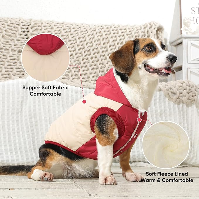 Vecomfy Fleece Lining Extra Warm Dog Hoodie in Winter for Large Dogs Jacket Pet Coats with Hooded,Beige and Red XXXL