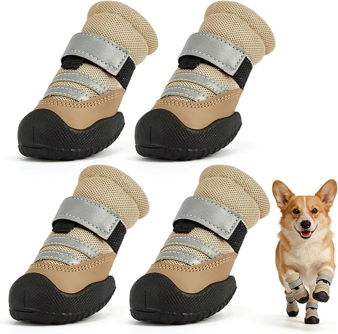 Dog Boots, Waterproof Dog Shoes with Reflective Straps, Rugged Anti-Slip Sole Paw Protectors for Medium Large Dogs, Breathable Pet Booties for Hot Pavement, Snow, Hiking, 4Pcs
