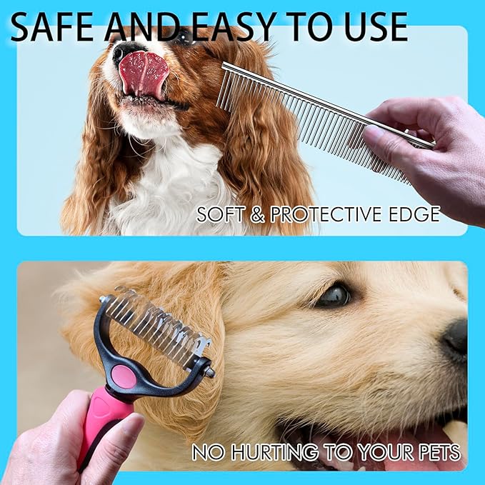 Pet Grooming Brush and Metal Comb Combo, Pet Grooming Rake and Brushes for Small, Medium & Large Dogs Double Sided Deshedding Tool Removes Knots and Tangled Hair (Blue)