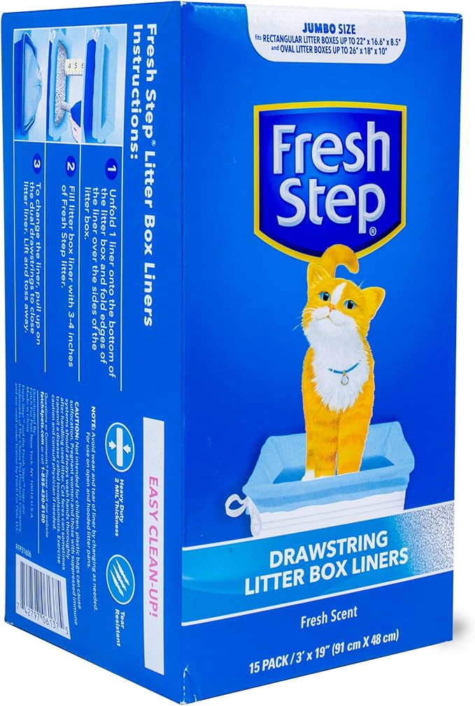 Fresh Step Jumbo Drawstring Cat Litter Box Liners Scented Heavy Duty Kitty Litter Bags X-Large Oval or Rectangle Pans Easy Lift Out Cleanup 36 x 19 IN 15 Count 12 Pack Scented Bulk Multi-Pack