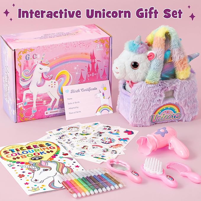 G.C Interactive Walking Unicorn Toys for Girls age 4-6, Electric Unicorn Plush with Bag & Coloring Book & Groom Accessories, Pretend Play Pet Care Kit Toddler Girl Christmas Birthday Gift 3 4 5 6 Year