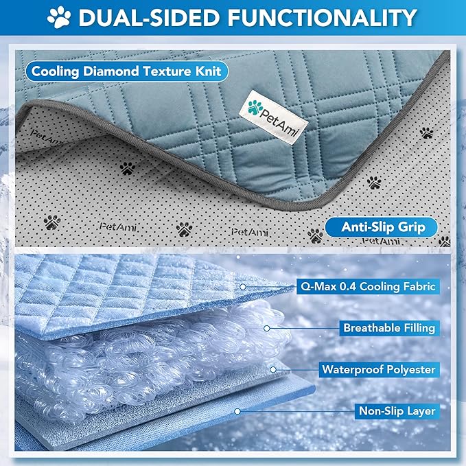 PetAmi Dog Cooling Mat, Waterproof Self Cooling Dog Pad with Non-Slip Backing, Q-Max >4.0 Pet Cooling Mat for Crate, Couch, Kennel & Car, Indoor Outdoor Summer Use, Light Blue, 60x80