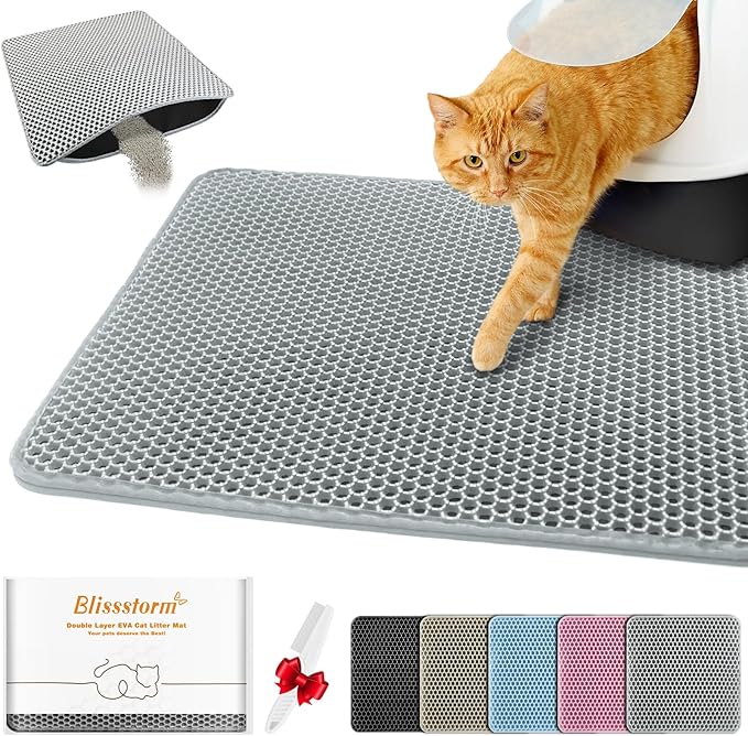 Waterproof Cat Litter Mat, Double Layer EVA, Odor-Free Large Grid, Urine Proof, Easy Cleanup (Gray, 24 x 35)