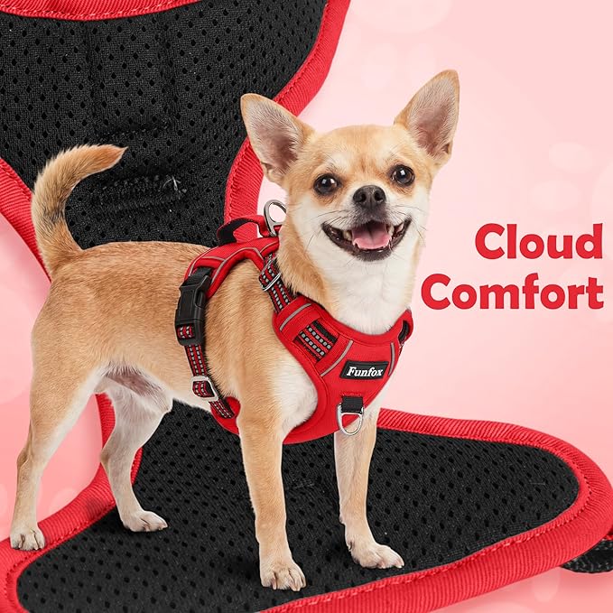 Funfox Dog Harness No Pull, Adjustable Pet Vest Harness, Super Soft Material with Vertical Handle Easy Control, Reflective Night Walking, 2 Leash Clips for XLarge Dogs, Red, XL