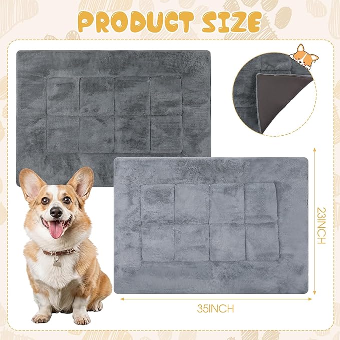 Dunzy 2 Pack Dog Bed Mat 35x23 Memory Foam Pet Crate Pad Orthopedic Dog Bed for Large Medium Breed Soft Comfy Faux Fur Linen Reversible Machine Washable Kennel Cozy Sleeping Mat Light Gray Dark Gray
