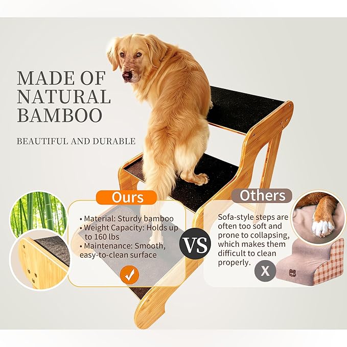 Dog Steps for Bed,Extra Wide Dog Stairs for Large Dogs，2-Step Bamboo Pet Ramp for Large Senior/Older Dogs or Pet Up to 160 Pounds Get to Couch Or High Bed (H:16 inch)