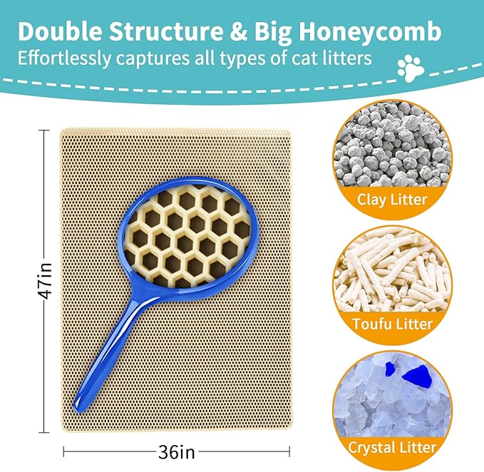 Cat Litter Box Mat Extra Large, XXL 47x36 inch Litter Trapping Mat, Double Layer Honeycomb Non-Slip Waterproof for All Size Litter Boxes & Multi Cats(Khaki)