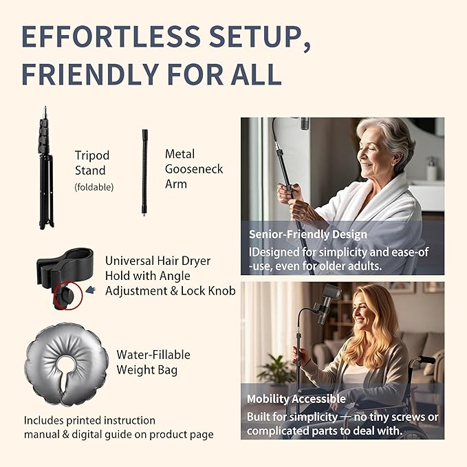 Hair Dryer Stand - 360° Rotating Universal Holder, 20-65 Inch Adjustable, Hands Free for Pain Relief & Multi-Tasking