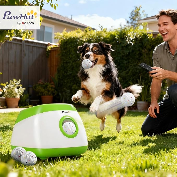 PawHut Automatic Dog Ball Launcher, Rechargeable Dog Ball Thrower with Remote Control, 3 Adjustable Distance (39ft/59ft/78ft), 6 ETPU Tennis Fetch Toys 2.5", for Medium Large Breeds, Green