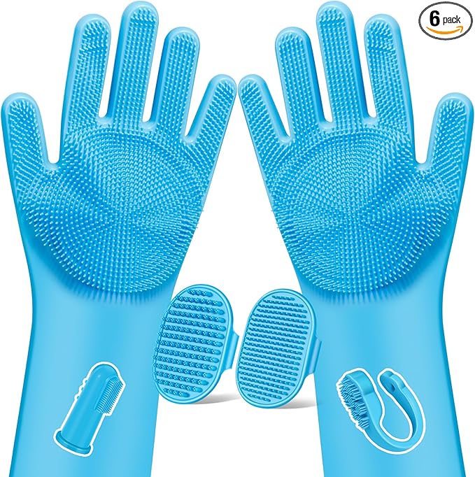 Augwind 6PCS Pet Grooming Kit for Dogs, Cats and Horses | Dog Washing Gloves | Cleanroom Gloves | Dog Bath Brush | Dog Bath Gloves | Dog Shampoo Brush | Dog Bath Supplies (Light Blue)