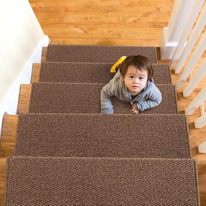 Brakki Bullnose Carpet Stair Treads, Non Slip Stair Treads for Wooden Steps Indoor, Stair Runner, Soft Stair Rugs for Pets, Edging Stair Protectors, Washable, 29.5"x9.5"x1.5" 14pcs, Camel Brown