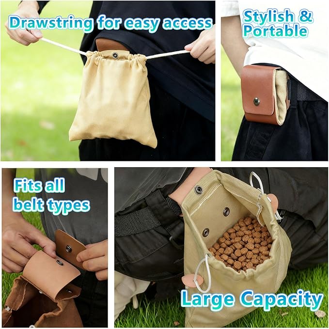 Dog Treat Pouch with Training Clicker & Whistle - Stylish & Portable Large-Capacity Foldable Pet Training Pouch with Wlastic Belt for Outdoor Use/Pet Training (Khaki)