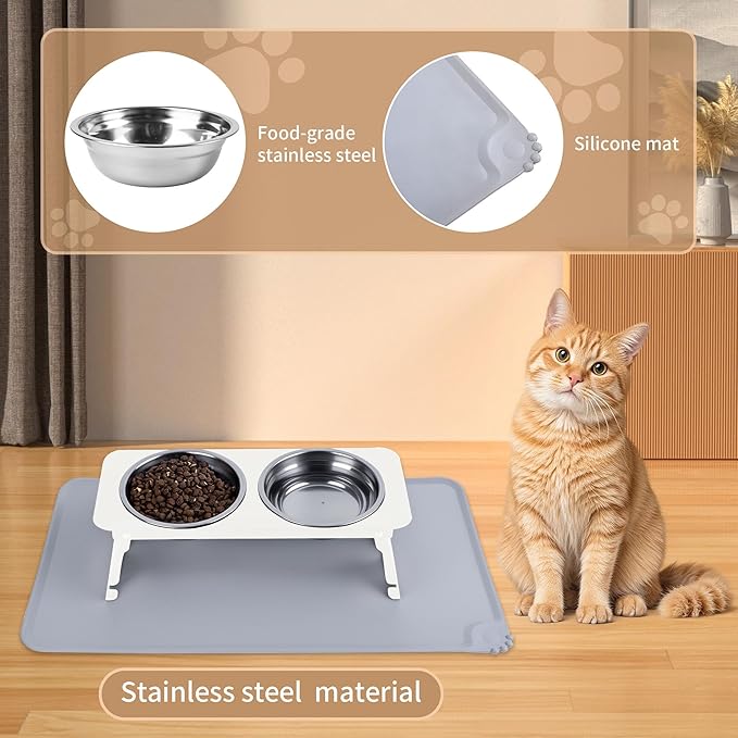 Elevated Cat Bowls with Food Mat,10° Tilted Anti-Vomiting Raised Cat Food Bowl for Small Cats and Puppies, Foldable 2 Stainless Steel Pet Bowl with Stand-Milky White