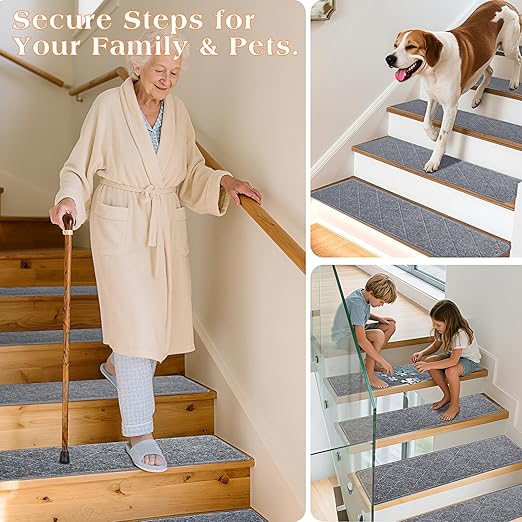 Stair Treads for Wooden Steps 10 PCS - 8’’ x 30’’, Non Slip Stair Runner, Machine Washable Stair Rugs Strips for Kids Pets and Elderly, Indoor Carpet for Stairs (Grey)