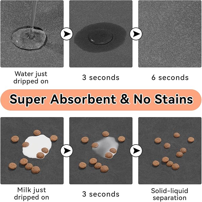 Dog Cat Feeding Mat-Absorbent Pet Bowl Mat for Food and Water, Quick Dry Water Dispenser Mat for Floors with Waterproof Rubber Backing, Large Dogs Placemat Mats for Messy Drinkers,17"x27",Dark Grey