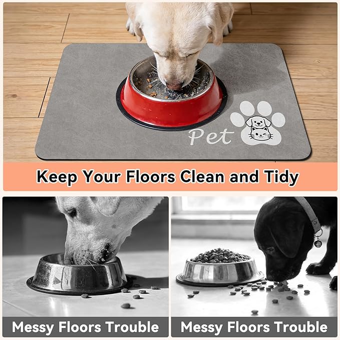 Dog Cat Feeding Mat-Absorbent Pet Bowl Mat for Food and Water, Quick Dry Water Dispenser Mat for Floors with Waterproof Rubber Backing, Puppy Cat Placemat Mats for Messy Drinkers,16"x24",Grey