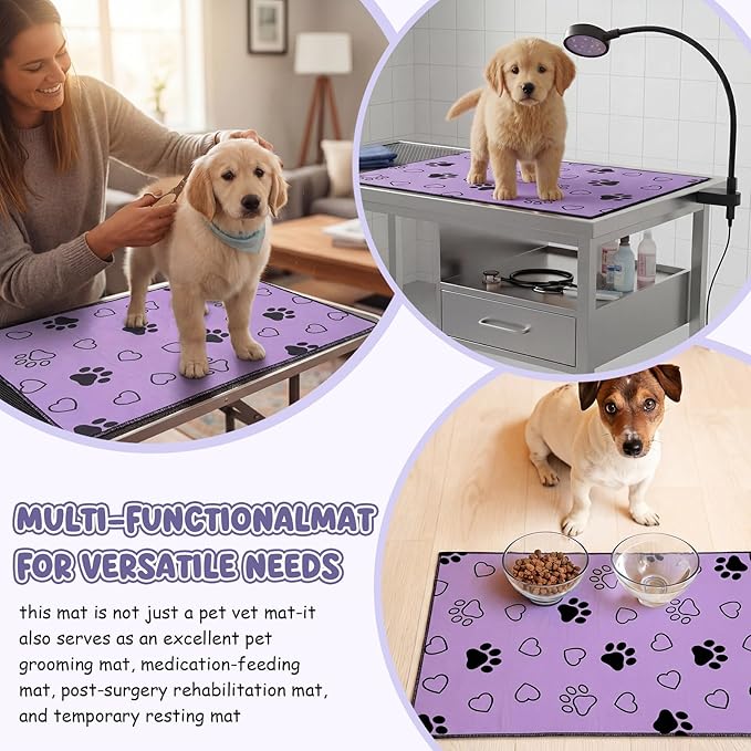 AceOrbit 1 Pack 24x36 Inch Non-Slip Dog Grooming Mat for Table Dog Vet Mat Black and Purple Pet Paw Print Grooming Pad for Cat Pet Checkups Rehabilitation Bath, Waterproof and Easy to Clean