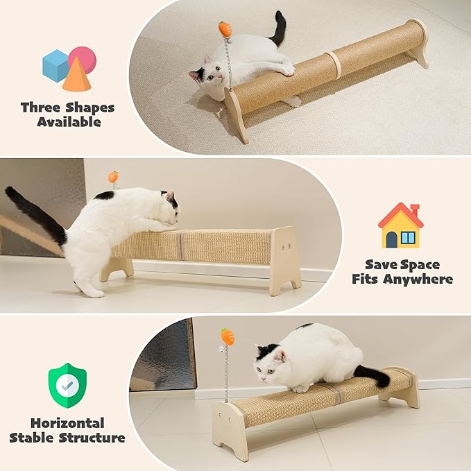 PETKARAY Horizontal Scratching Post, 30" Sisal Cat Scratch Post, Large Cat Scratcher with Spring Toy, Protect Furniture for Indoor Kitten